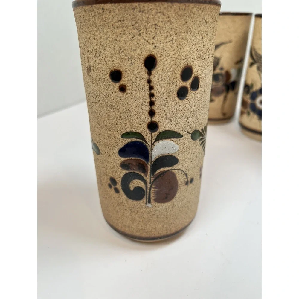 Tonala Pottery Cups Painted Blue Flowers Bird Stone Ware Lot Of 5 Netzi Mexico - Picture 5 of 16